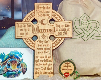 Celtic Cross with Irish Bedtime Blessing engraved and cut out of Birch wood. Great for gifts, housewarming, births, and more!