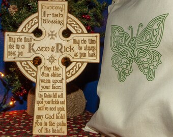 Wood Engraved Traditional Irish Blessing Etched Celtic Cross. 8x11 cross & 9x12 cross. etched baptism gifts.