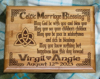 Engraved Bamboo Celtic Marriage Blessing Plaque with Celtic Holy Trinity Knot and Knot Borders. 8x10 Inch, 9x12 Inch.