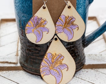 Hand painted wood etched purple and orange lily teardrop earrings & necklace set. wood jewelry set. hand painted lily. gifts for wife.