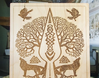 Personalized Norse Mythology Birch Plywood: Odin's Ravens, Wolves, Hammer & Yggdrasil Engraving