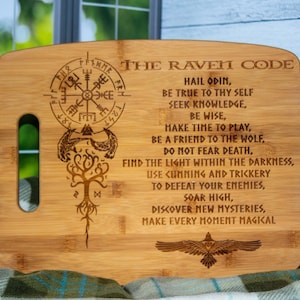 Engraved Nordic Raven Bamboo Cutting Board - Norse Mythology Art
