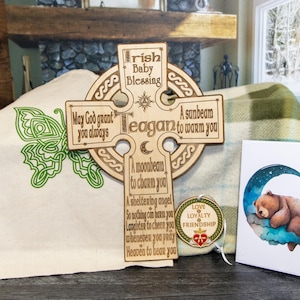 Engraved Celtic Cross with Irish Baby Blessing - Birch Plywood Cutout for Christening or Communion