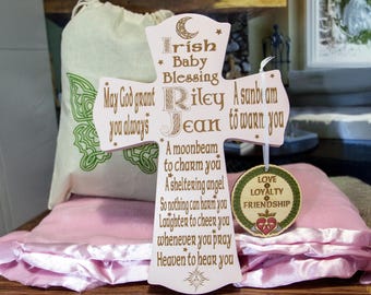 Personalized Irish Baby Cross - Blue or Pink MDF Wood, Celtic Blessing