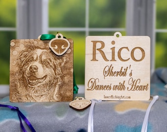 Photo Etched Ornaments. 3" wide. Made From light wood, Flat Ornament-type. Great for holidays, weddings, memorials, birthdays, pets.