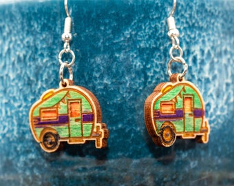 Hand painted engraved wood trailer earrings