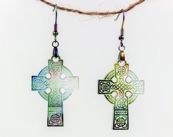 Engraved acrylic Celtic Cross hoop earrings.  Marble green, marble rainbow, lined rainbow. Hypo-allergenic hook earrings. Religious gifts.