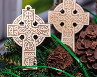 Engraved Wood Celtic Cross Ornament. Green ribbon. Celtic Knot Ornament. 3.5 x 2.4 inches