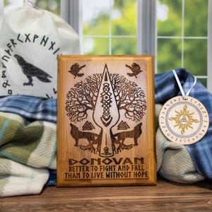 Personalized Norse Mythology Bamboo Plaque: Odin&#39;s Ravens, Wolves, Hammer & Yggdrasil Engraving