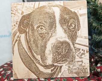 Wood Engraved Photo 6" sq. 1/8" birch. Wood Etched Photo.  Anniversary Etching. Photo Etching. Dog Photo Etching.