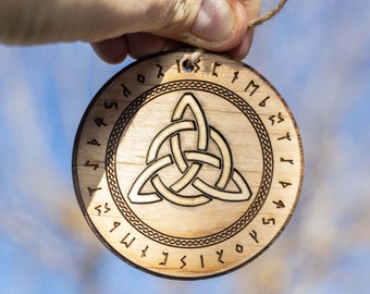 Alder and Basswood inlaid etched Triquetra with runes 3 inch circle, 1/4-inch deep ornament.