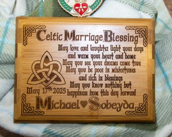 Engraved Bamboo Celtic Wedding Wall Plaque with Holy Trinity Knot Blessing 6 x 8 inches