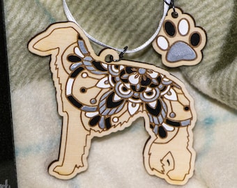 Wood engraved Mandala-patterned Borzoi-shaped ornaments, car charm, and earrings.  Dog lover gift. Wood anniversary gift.