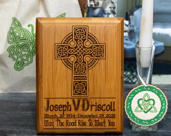 Memorial Etched Celtic Knot Cross Bamboo Plaque