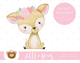 Woodland Deer png, Baby Deer Clipart, Watercolor Deer Sublimation Design, Printable Deer, Baby Apparel, Nursery Art, Deer with Flowers