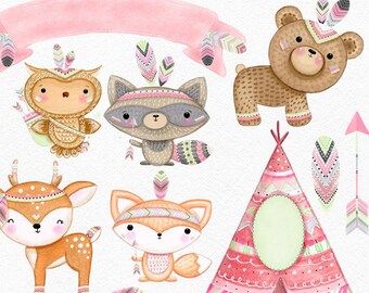 Woodland Animals Tribal Clipart, Watercolor Forest Animals Graphics for Card Making and Nursery Wall Art