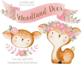 Woodland Deer Clipart, Hand Painted Nursery Clipart, Watercolor Deer, Woodland Baby Shower, Floral Deer Illustration