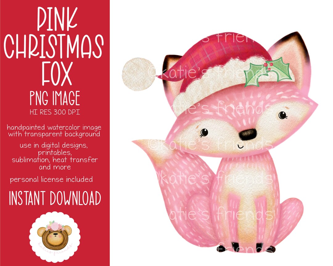Christmas Fox PNG, Pink Fox Sublimation Design, Watercolor Fox Clipart