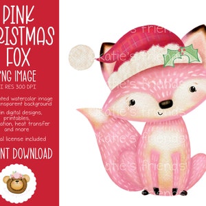 May include: A pink watercolor illustration of a fox wearing a Christmas hat with holly. The image includes the text "PINK CHRISTMAS FOX PNG IMAGE" and details about its use in digital designs, printables, and sublimation.