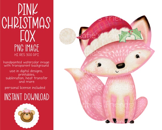 Christmas Fox PNG, Pink Fox Sublimation Design, Watercolor Fox Clipart, Woodland Baby Shower, Woodland Nursery Decor, Santa Fox