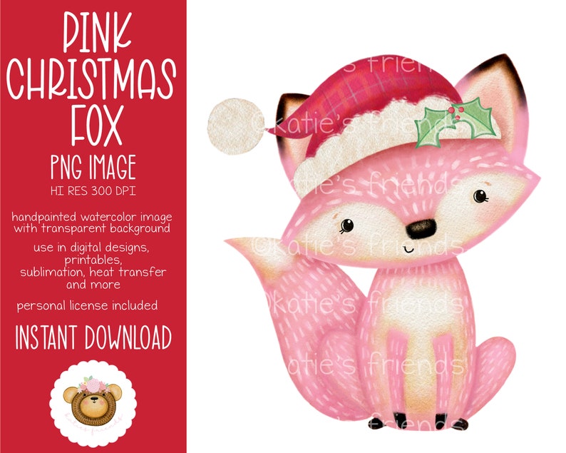 May include: A pink watercolor illustration of a fox wearing a Christmas hat with holly. The image includes the text "PINK CHRISTMAS FOX PNG IMAGE" and details about its use in digital designs, printables, and sublimation.