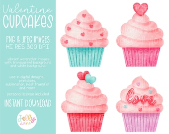 Valentines Cupcake Clipart, Watercolor Cupcake PNG, Cute Cupcakes, Valentine's Day Watercolor Clipart, Heart Cupcake, Pink and Red