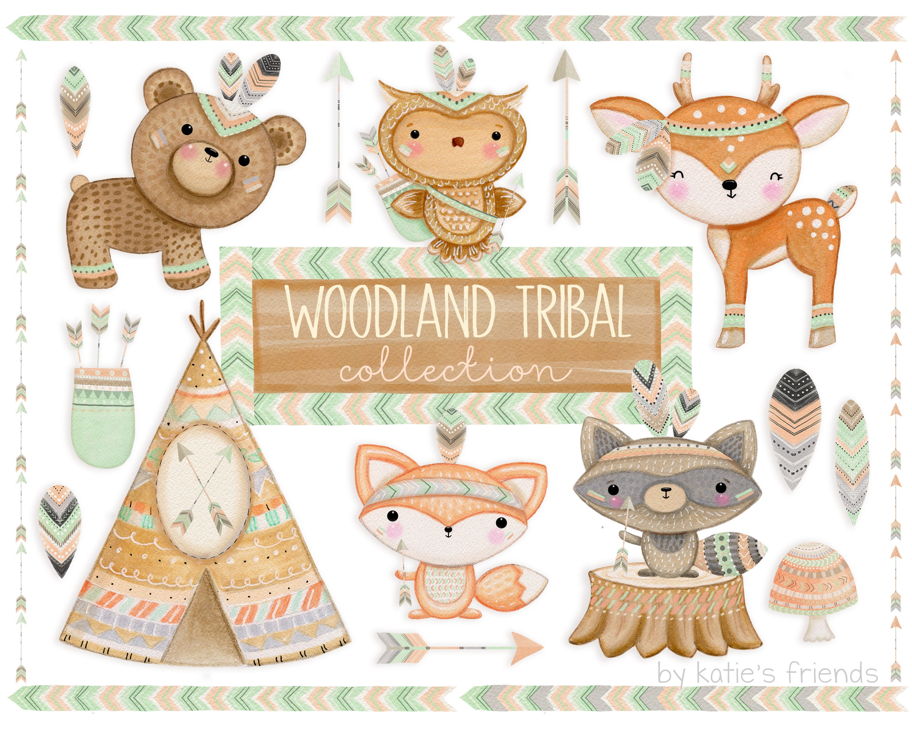 Woodland Tribal Animals Clipart, Watercolor Forest Animal Graphics, Hand Painted Nursery Art, Baby Shower Invitation Template