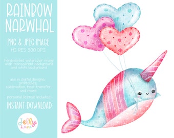 Rainbow Narwhal Png, Cute Narwhal Clipart, Narwhal Sublimation Design, Printable Narwhal Valentine, Watercolor Kawaii Narwhal with Balloons