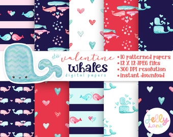 Valentine Whales Digital Papers, Red and Navy Whale Patterned Papers, Valentines, Instant Download for Invites, Card Making, Scrapbooking