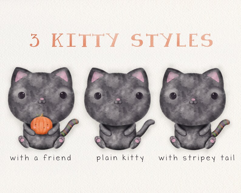 May include: Three watercolor illustrations of black cats in different styles. The first cat is holding a small orange pumpkin and has a striped tail. The second cat is sitting with its paws tucked under its body. The third cat has a striped tail. The text "3 KITTY STYLES" is at the top of the image.