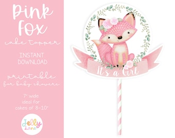 Printable Fox Cake Topper for Baby Shower, It&#39;s A Girl, Woodland Baby Shower, Pink Fox Party Decor, Baby Girl Cake Topper, DIY Baby Shower