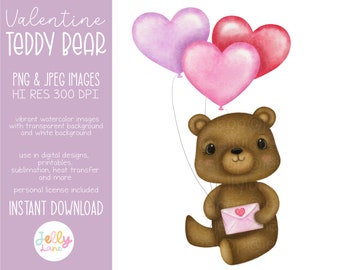 Valentine Teddy Bear Png, Cute Valentines Clipart, Bear Sublimation Design, Printable Teddy Bear, Watercolor Bear with Balloons