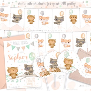 May include: A set of printable party decorations featuring woodland animals, including owls, foxes, and raccoons. The decorations include a banner, cupcake toppers, stickers, and an invitation. The invitation says "Please join us to celebrate Sophie's 5th birthday".
