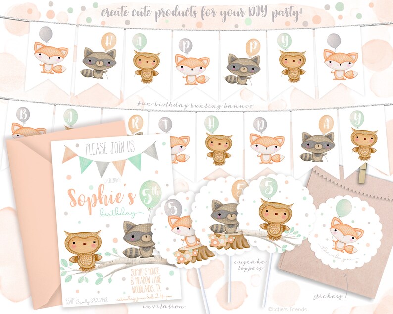 May include: A set of printable party decorations featuring woodland animals, including owls, foxes, and raccoons. The decorations include a banner, cupcake toppers, stickers, and an invitation. The invitation says "Please join us to celebrate Sophie's 5th birthday".