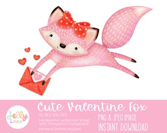 Pink Fox Png, Cute Valentines Clipart, Valentine Sublimation Design, Kids Valentine Apparel, Watercolor Fox JPEG, Printable Fox Illustration