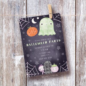 May include: A black and white Halloween party invitation with a green ghost, a pumpkin, and a spider web. The text reads "Please join us for a Halloween Party, Saturday October 7th, 2-10 PM, 13 Spooky Lane, Ghost City, RSVP 999 8789".