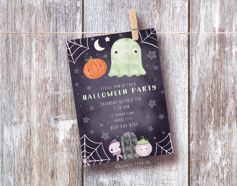 May include: A black and white Halloween party invitation with a green ghost, a pumpkin, and a spider web. The text reads "Please join us for a Halloween Party, Saturday October 7th, 2-10 PM, 13 Spooky Lane, Ghost City, RSVP 999 8789".