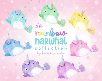 Rainbow Narwhal Clipart, Cute Narwhal Illustrations, Watercolor Sea Creatures, Narwhal Designs, Under the Sea Theme