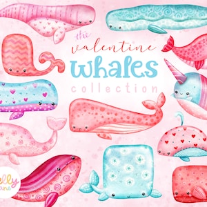 Clipart de baleia em aquarela, clipart de baleias dos namorados, PNG de baleia para impressão, baleia rosa, arte de berçário de baleia, arte de cartão bonito
