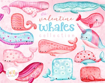 Watercolor Whale Clipart, Valentine Whales Clipart, Printable Whale PNG, Pink Whale, Whale Nursery Art, Cute Greeting Card Art