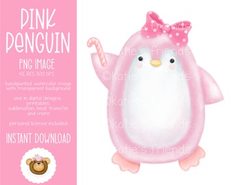 Pink Penguin Clipart, Cute Penguin PNG, Penguin Sublimation Design for Girl, Winter Woodland Nursery, Watercolor Penguin, Pretty Penguin