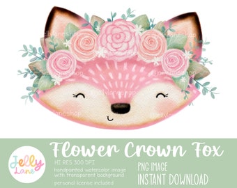 Fox Face with Flower Crown Png, Pink Fox Clipart, Girl Fox Sublimation Design, Woodland Baby Shower for Girl, Cute Watercolor Floral Fox