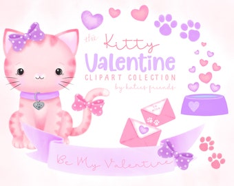Lindo San Valentín Clipart, Kitty Valentines, Pink Kitten Png, Clipart de acuarela del Día de San Valentín, Cat Lover, Pink and Purple Clipart