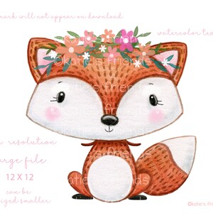 May include: A watercolor illustration of a cute fox wearing a flower crown. The fox is sitting on its hind legs with its tail curled behind it. The fox is brown and white with a pink nose and black eyes. The flower crown is made of pink, orange, and white flowers.