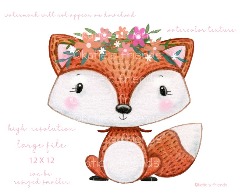 May include: A watercolor illustration of a cute fox wearing a flower crown. The fox is sitting on its hind legs with its tail curled behind it. The fox is brown and white with a pink nose and black eyes. The flower crown is made of pink, orange, and white flowers.