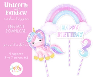 Printable Rainbow Unicorn Cake Topper, Unicorn Birthday, DIY Cake Topper, Rainbow Unicorn Party Decor, Unicorn Table Centerpiece, Pastel