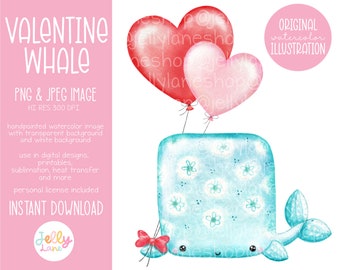 Valentine Whale Png, Cute Valentines Clipart, Whale Sublimation Design, Printable Whale Valentine, Watercolor Whale with Balloons, Kawaii