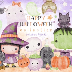 May include: A collection of cute Halloween characters, including a witch, a ghost, a bat, a Frankenstein, a spider, and a pumpkin. The characters are drawn in a watercolor style and have big eyes and smiles. The text "the HAPPY HALLOWEEN collection by katie's friends" is written in the center of the image.