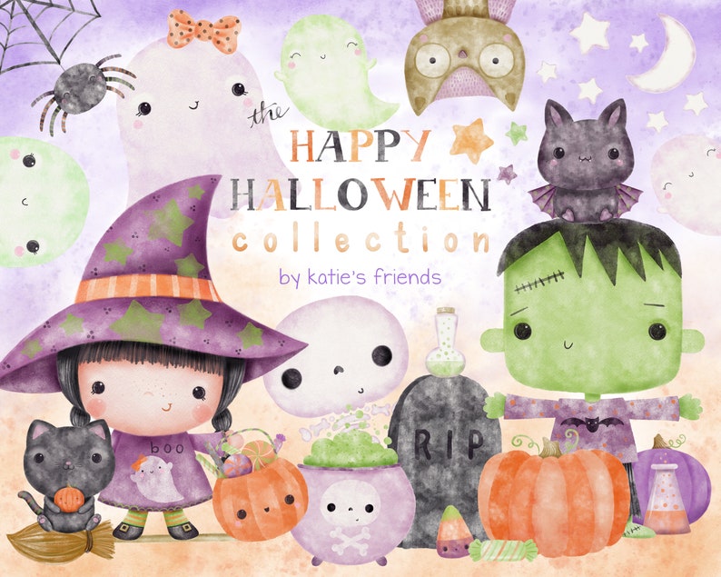 May include: A collection of cute Halloween characters, including a witch, a ghost, a bat, a Frankenstein, a spider, and a pumpkin. The characters are drawn in a watercolor style and have big eyes and smiles. The text "the HAPPY HALLOWEEN collection by katie's friends" is written in the center of the image.