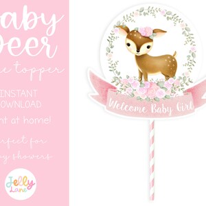 Printable Deer Cake Topper, Woodland Baby Shower for Girl, Deer with Flowers Centerpiece, DIY Baby Shower Cake Topper, It&#39;s a Girl Topper